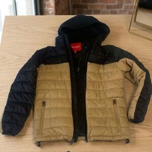 GUESS Men's Two-Tone Hooded Puffer Jacket in Tan and Black